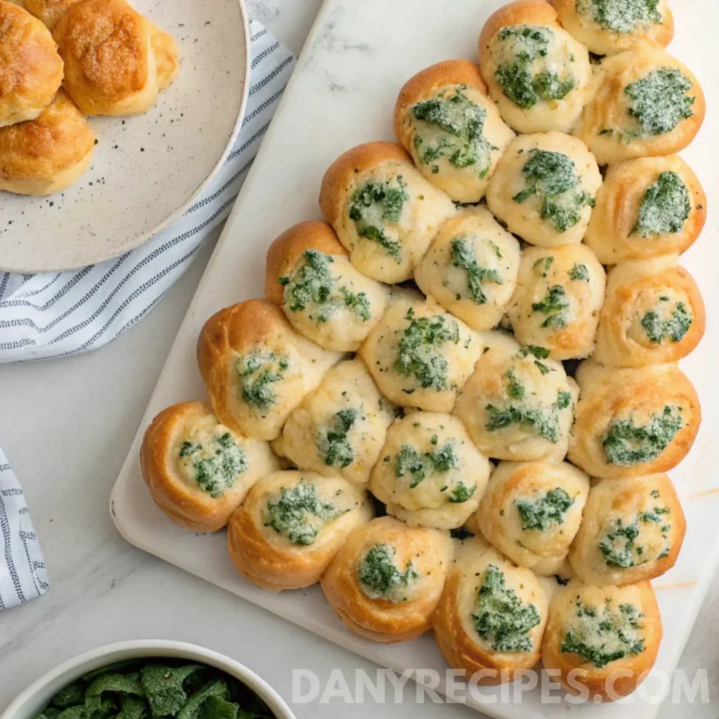 Christmas tree-shaped pull apart bread filled with spinach dip on a marble board.