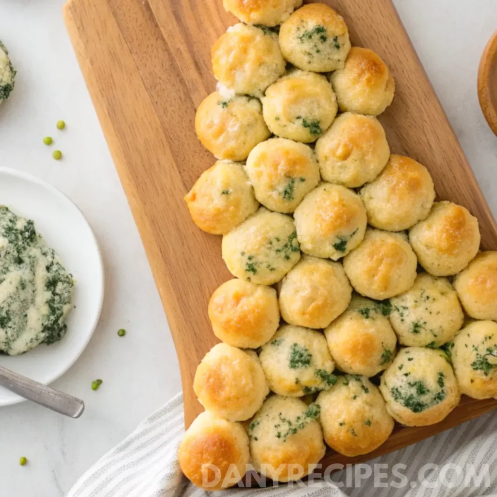 Spinach dip-filled pull apart bread in a Christmas tree shape on a wooden board.