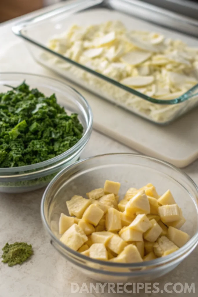 Best Spinach Artichoke Dip Recipe 3 Bowls of chopped spinach, artichoke hearts, and cheese prepared for spinach artichoke dip