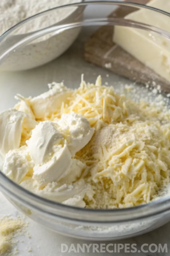 Best Spinach Artichoke Dip Recipe 4 Close-up of cream cheese, grated cheese, and parmesan in a glass mixing bowl for dip base