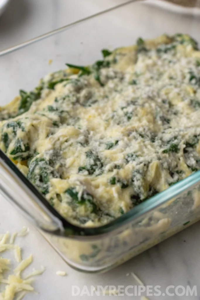 Best Spinach Artichoke Dip Recipe 5 Unbaked spinach artichoke dip in a glass dish topped with shredded cheese, ready for the oven