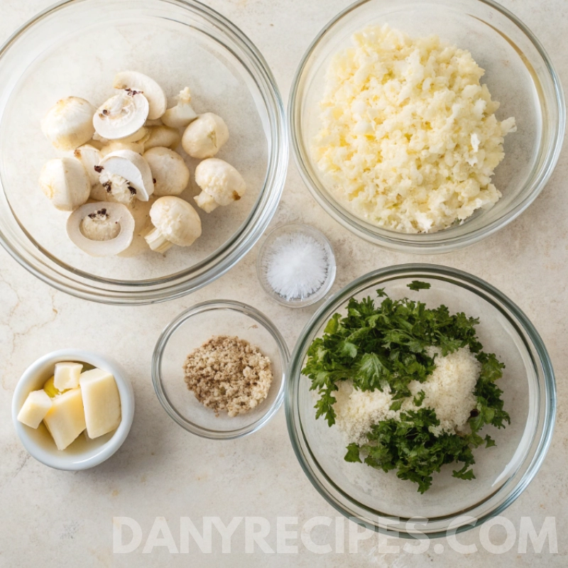 Bowls filled with mushrooms, cheese, breadcrumbs, herbs, and seasonings on a light surface