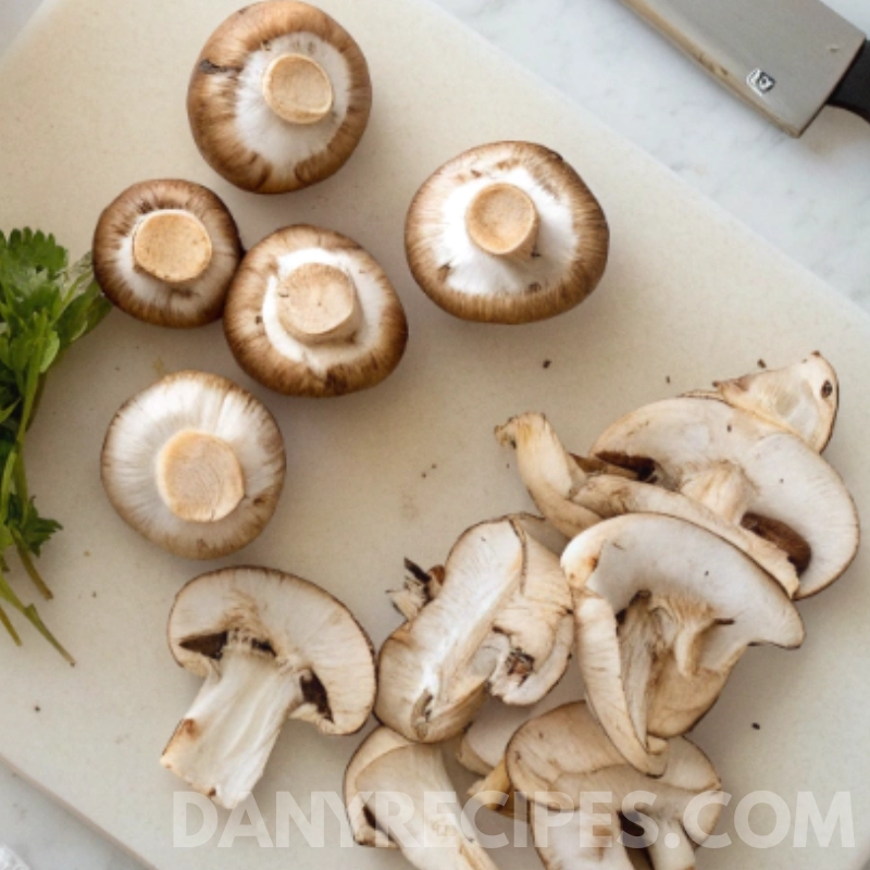 Whole and sliced mushrooms on a cutting board with parsley and a knife nearby
