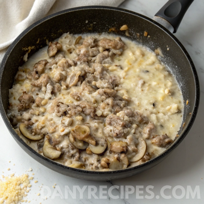Creamy sausage and mushroom mixture cooking in a skillet