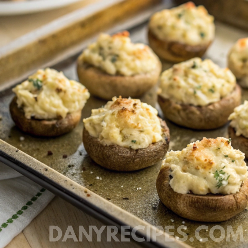 Stuffed mushrooms baking on a tray with golden, cheesy tops