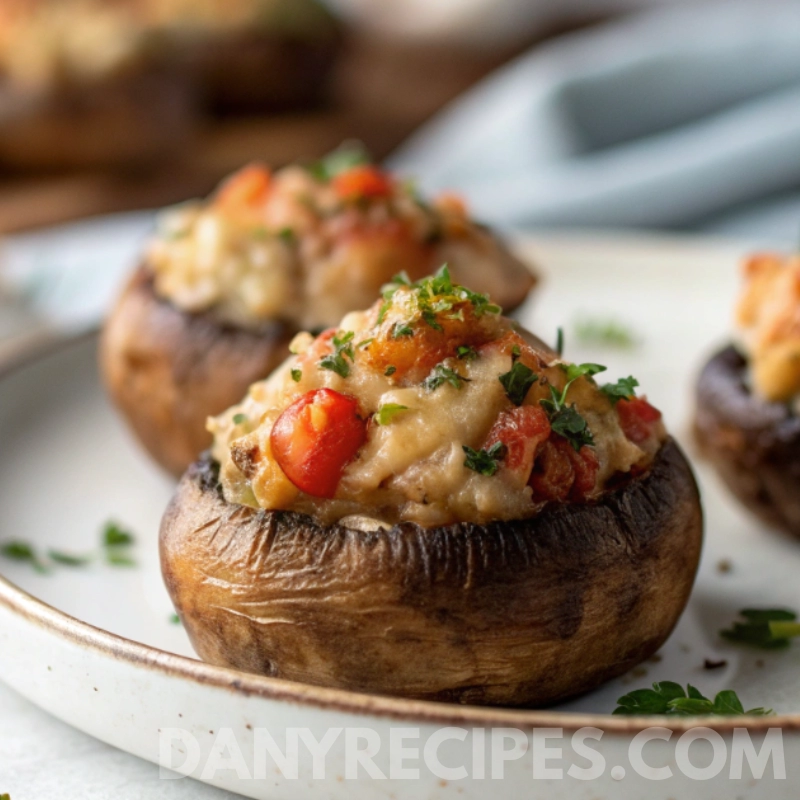 Stuffed mushrooms topped with creamy cheese, herbs, and diced tomatoes on a white plate