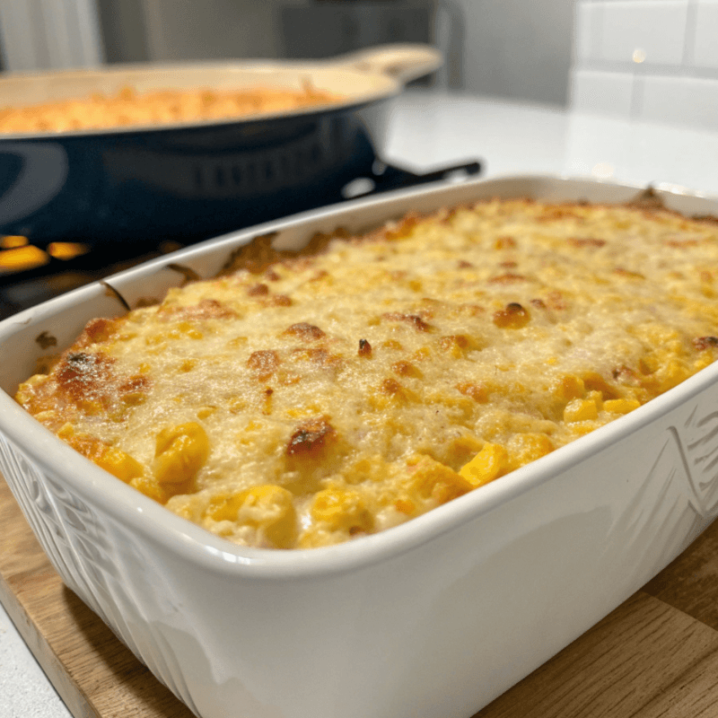 Golden-brown sweet corn casserole topped with melted cheese in a white ceramic baking dish.