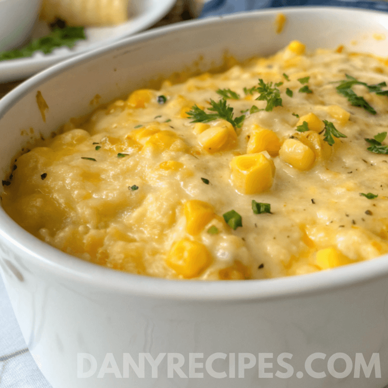 Sweet Corn Bake with Melty Cheese 9 Creamy sweet corn bake garnished with chopped herbs in a white baking dish.