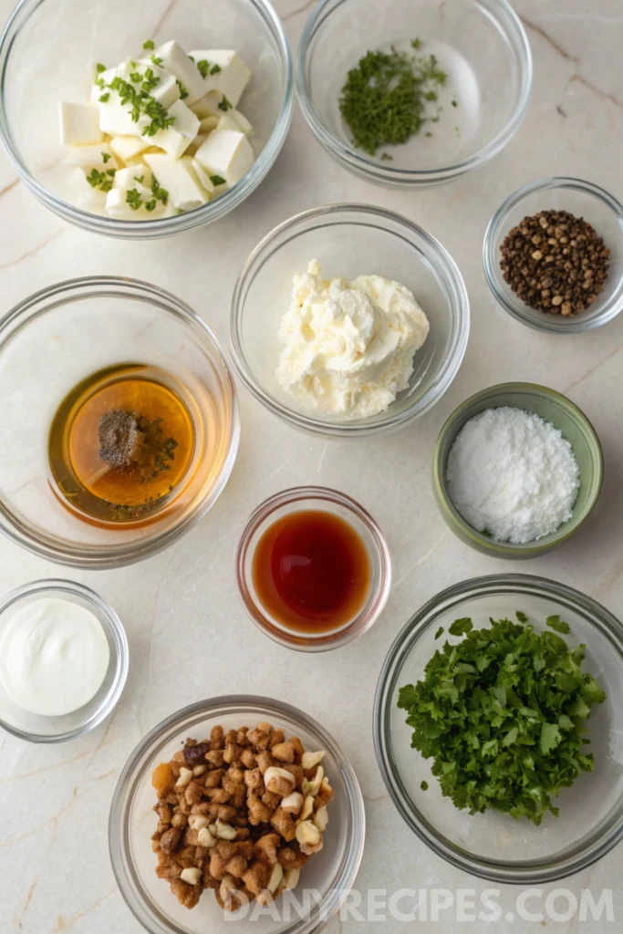 Whipped Boursin & Pepper Jelly Dip 10 Top view of various ingredients in glass bowls, including herbs, cheese, spices, and liquids for a whipped dip recipe.