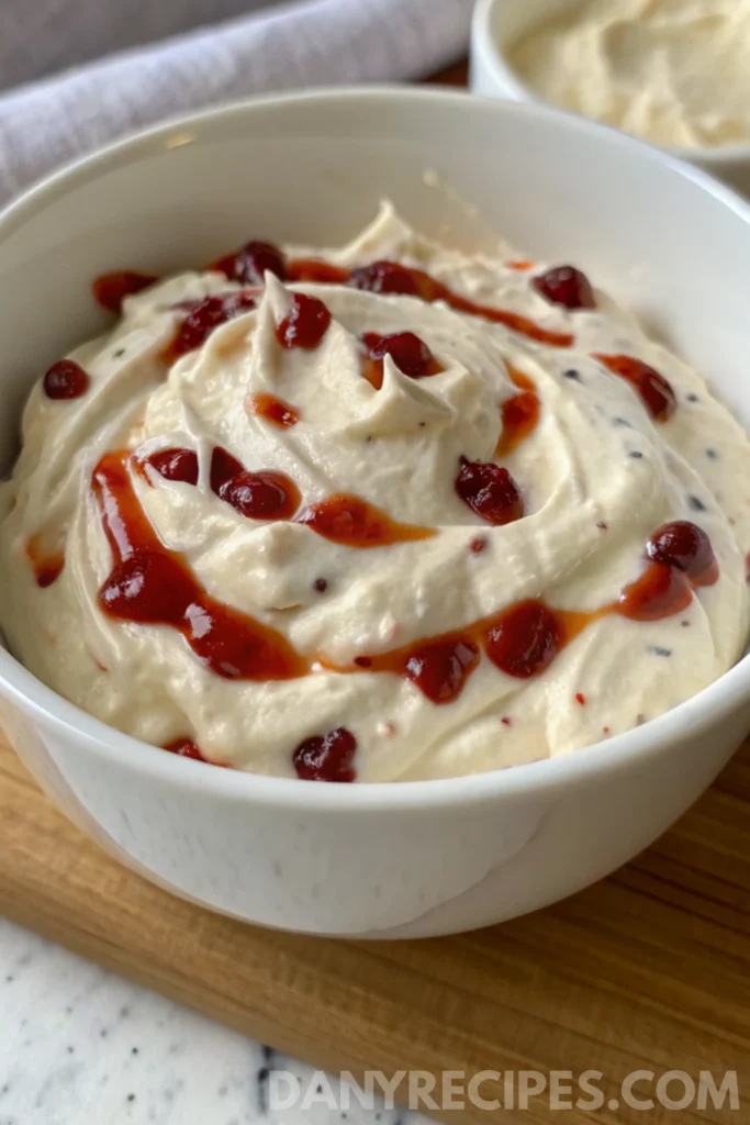 Whipped Boursin & Pepper Jelly Dip 14 Whipped Boursin cheese dip in a white bowl topped with dollops of red pepper jelly.