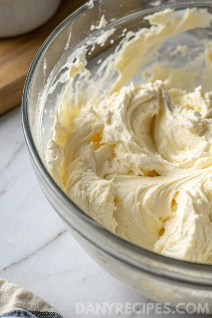 Whipped Boursin & Pepper Jelly Dip 11 Glass bowl filled with freshly whipped creamy cheese mixture on a kitchen counter.