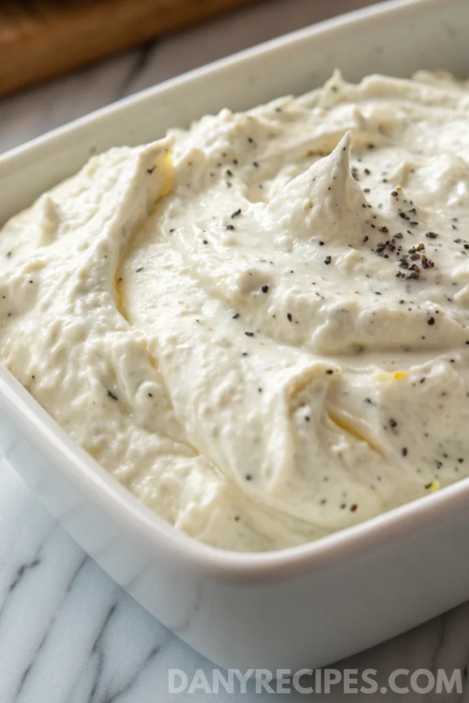Whipped Boursin & Pepper Jelly Dip 12 Creamy whipped dip in a white dish, seasoned with visible black pepper on top.