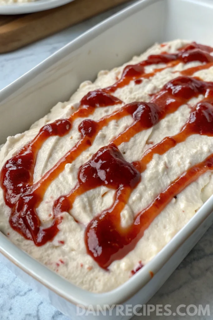 Whipped Boursin & Pepper Jelly Dip 13 Creamy cheese dip in a white dish topped with red pepper jelly drizzled in lines.