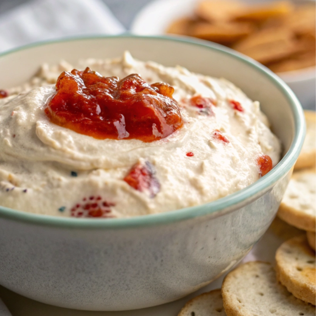 Whipped Boursin & Pepper Jelly Dip in a ceramic bowl, served with crackers.