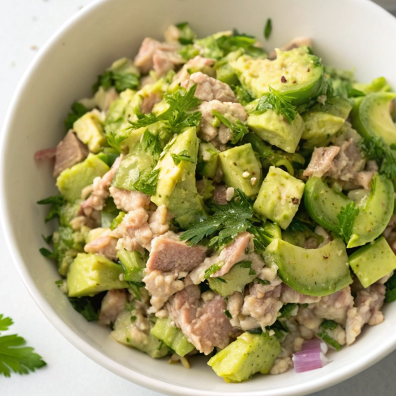 Bowl of avocado tuna salad with diced avocado, tuna, fresh herbs, and chopped vegetables.