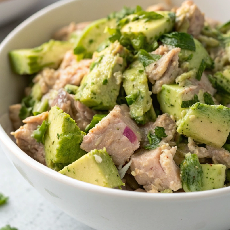 Bowl of avocado tuna salad with diced avocado, tuna, fresh herbs, and chopped vegetables.
