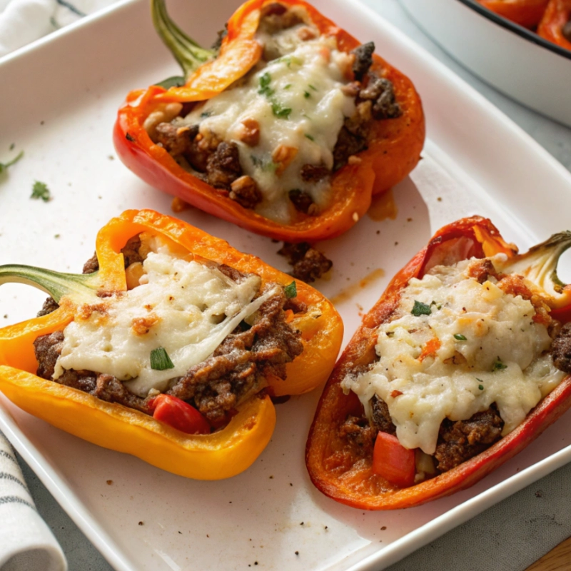 Colorful bell pepper halves filled with seasoned ground meat, vegetables, and melted cheese, arranged on a white plate.