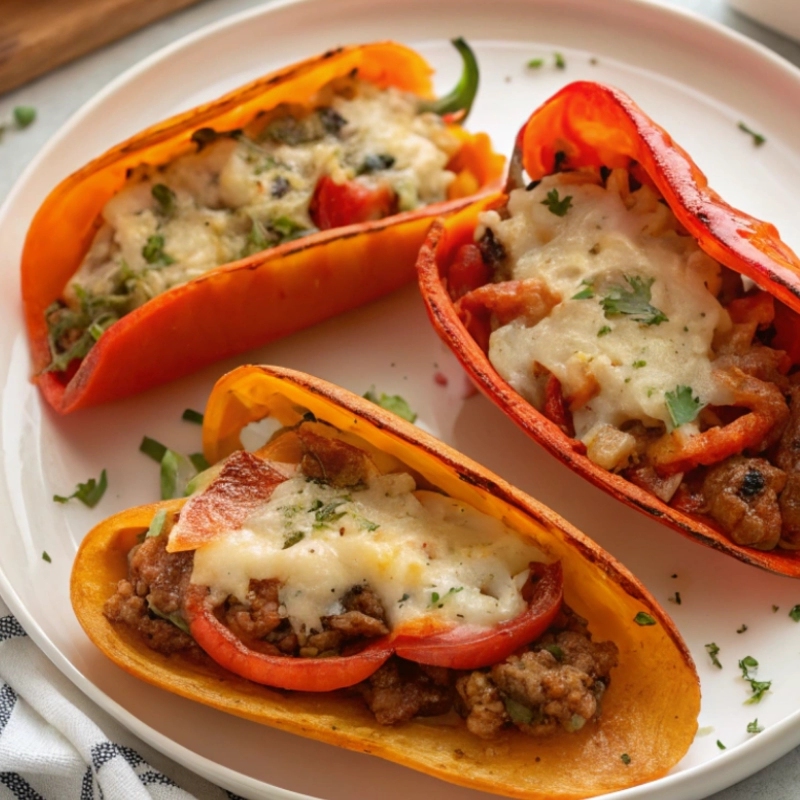 Colorful bell pepper halves filled with seasoned ground meat, vegetables, and melted cheese, arranged on a white plate.
