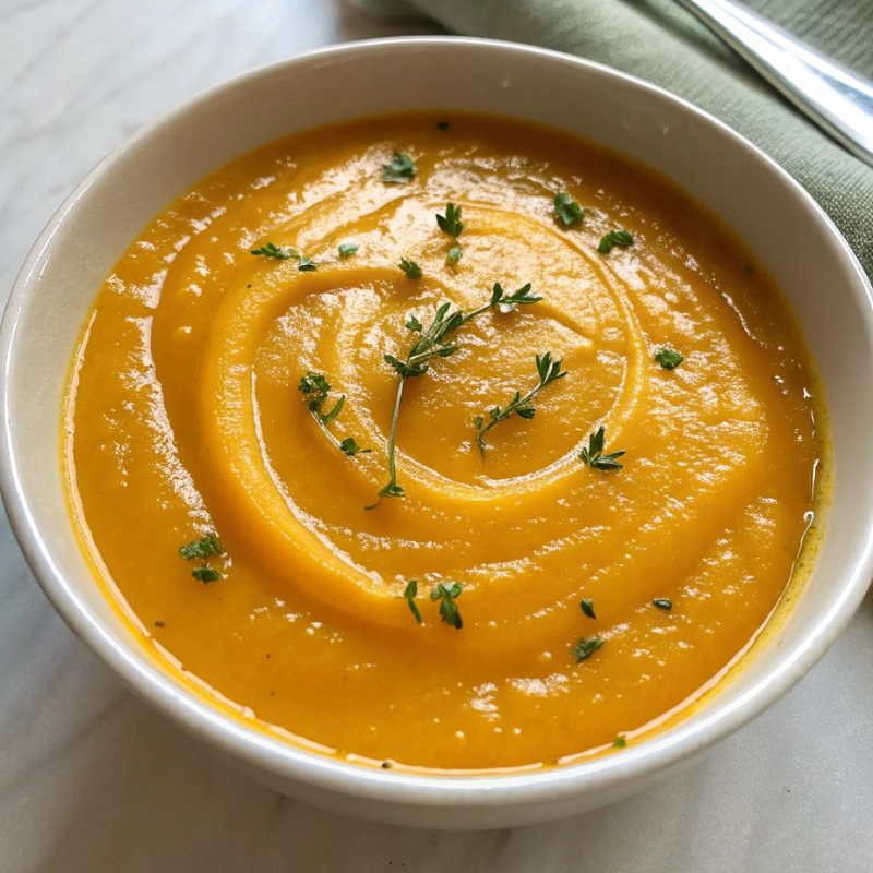 Golden butternut squash soup topped with chopped herbs in a white bowl.