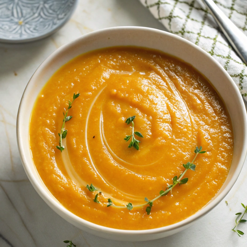 Creamy butternut squash soup garnished with fresh thyme in a white bowl.