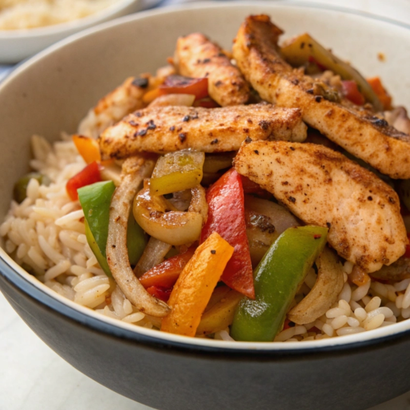 Chicken fajita rice bowl with seasoned grilled chicken, sautéed peppers, onions, and rice.