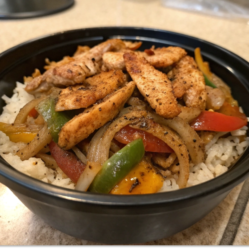 Chicken fajita rice bowl with seasoned grilled chicken, sautéed peppers, onions, and rice.