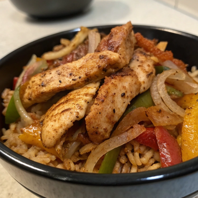 Chicken fajita rice bowl with seasoned grilled chicken, sautéed peppers, onions, and rice.
