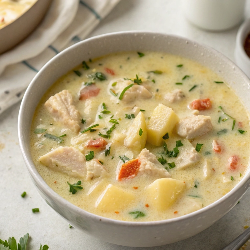 Creamy chicken and potato soup garnished with fresh parsley in a white bowl.