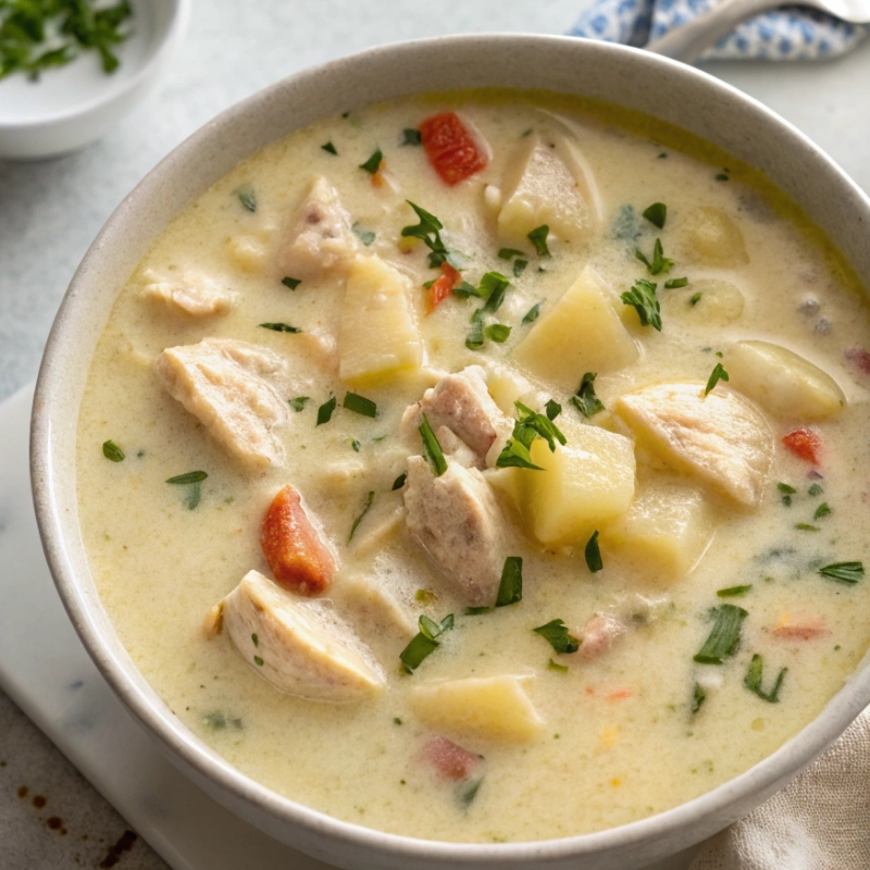 Creamy chicken and potato soup with carrots and herbs in a white bowl.