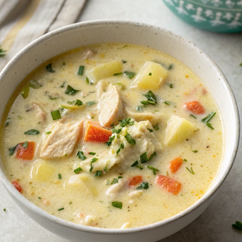 Bowl of creamy soup with chicken, potatoes, carrots, and fresh herbs.