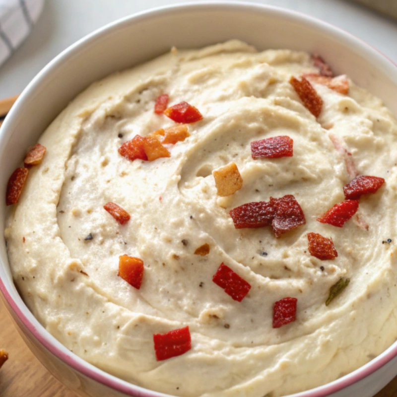 Close-up of creamy goat cheese dip swirled with red pepper jelly and diced peppers.