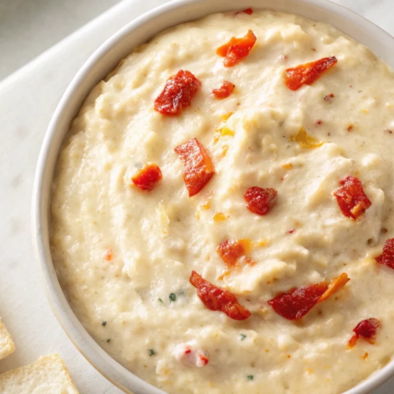 Bowl of creamy goat cheese pepper jelly dip with chopped red peppers on top.
