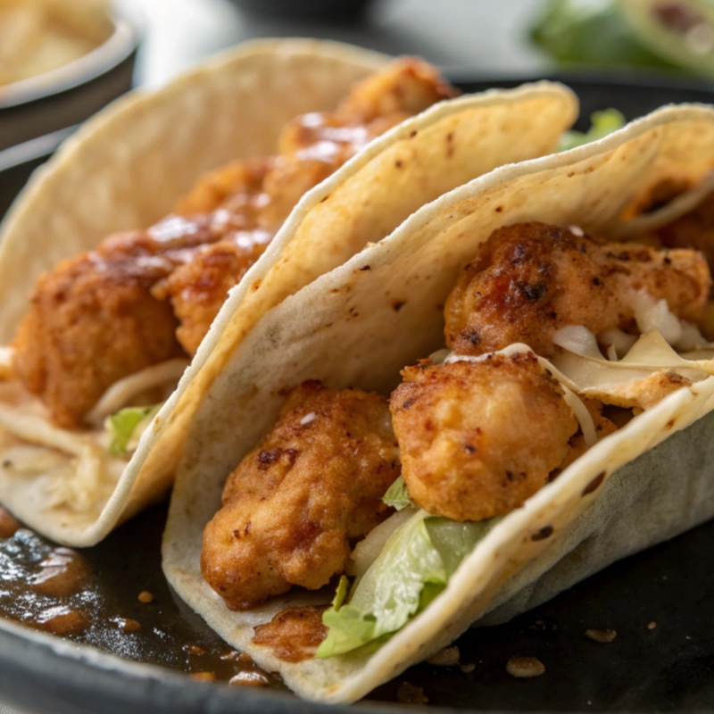 Crispy chicken tacos with golden fried chicken pieces served in soft tortillas.