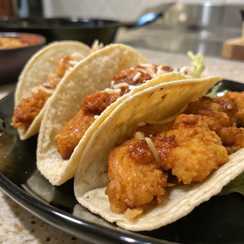 Crispy chicken tacos with golden fried chicken pieces served in soft tortillas.