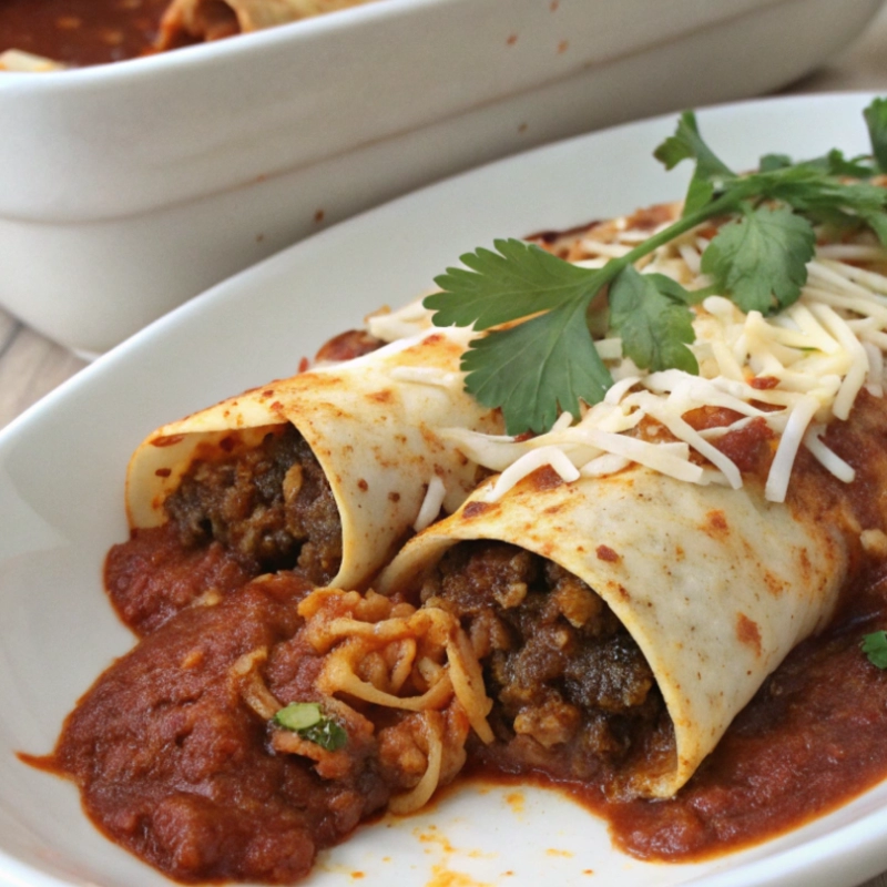 Beef enchiladas in a white dish topped with cheese, sauce, and fresh cilantro.