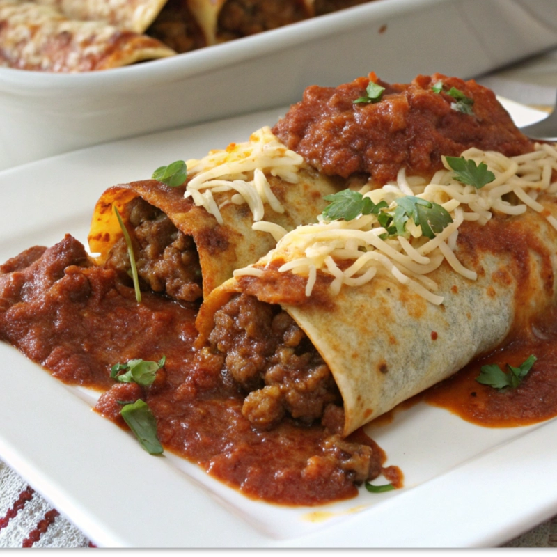 Two beef enchiladas topped with shredded cheese and red enchilada sauce on a white plate.