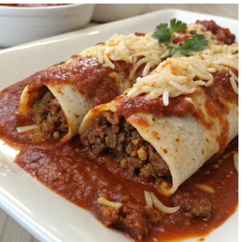 Close-up of beef enchiladas covered in red enchilada sauce and melted cheese.