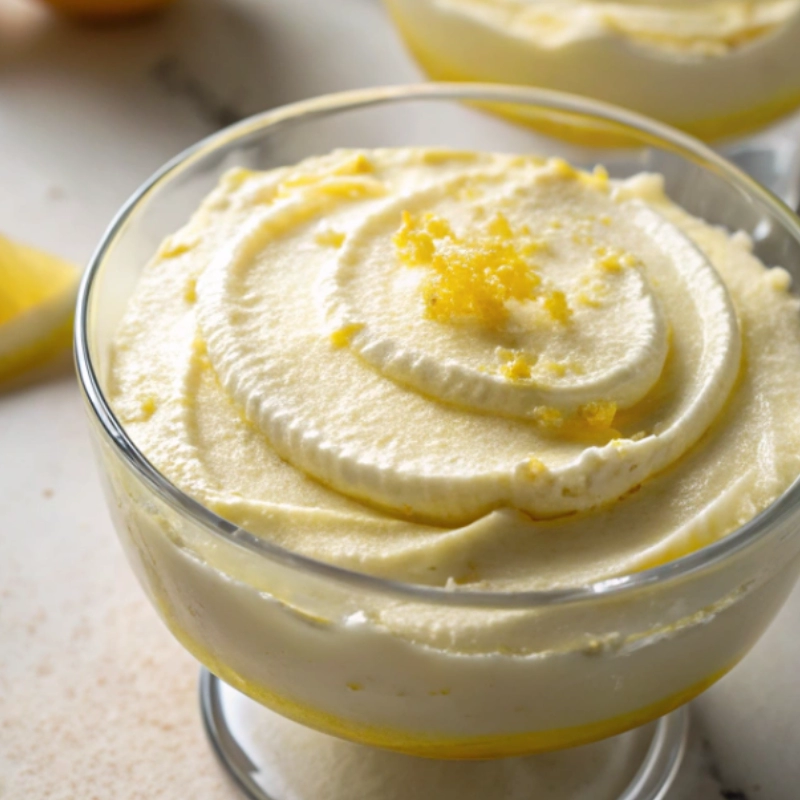 Glass bowl filled with swirled lemon mousse and garnished with lemon zest on top.