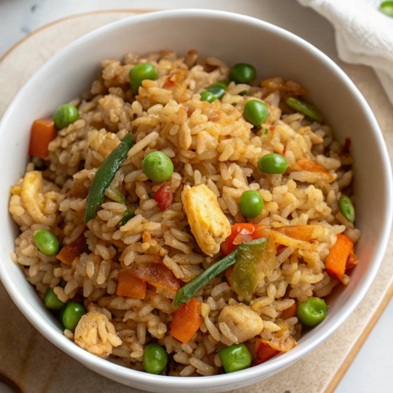 Bowls of vegetable fried rice filled with peas, carrots, bell peppers, broccoli, and green beans, seasoned and stir-fried.