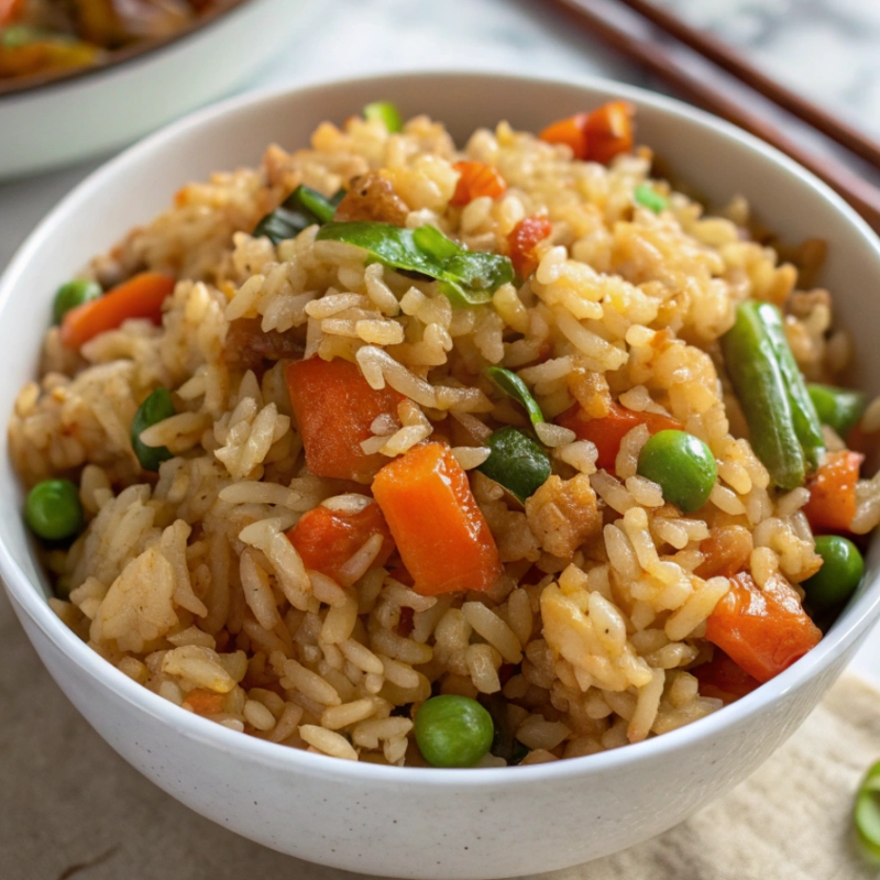 Bowls of vegetable fried rice filled with peas, carrots, bell peppers, broccoli, and green beans, seasoned and stir-fried.