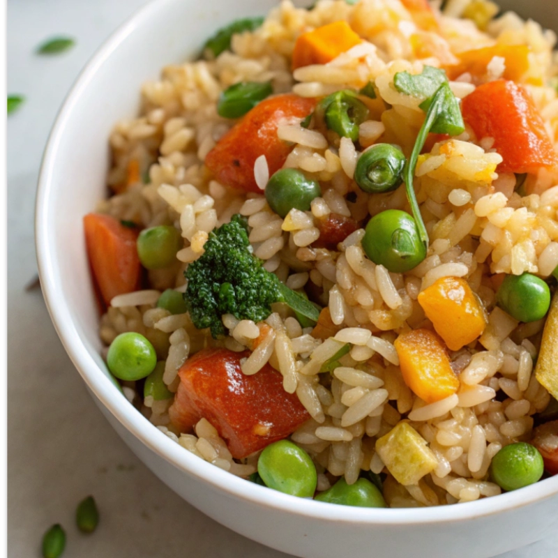 Bowls of vegetable fried rice filled with peas, carrots, bell peppers, broccoli, and green beans, seasoned and stir-fried.