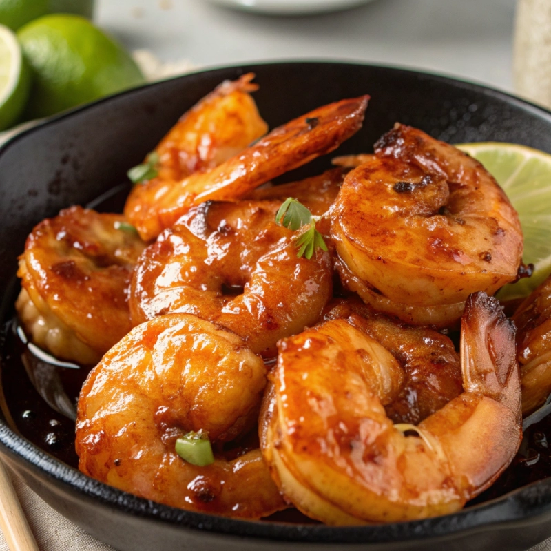 Grilled shrimp glazed with honey lime sauce, served in a black bowl with lime wedges.