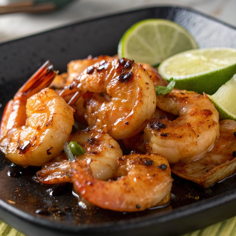 Grilled shrimp glazed with honey lime sauce, served in a black bowl with lime wedges.
