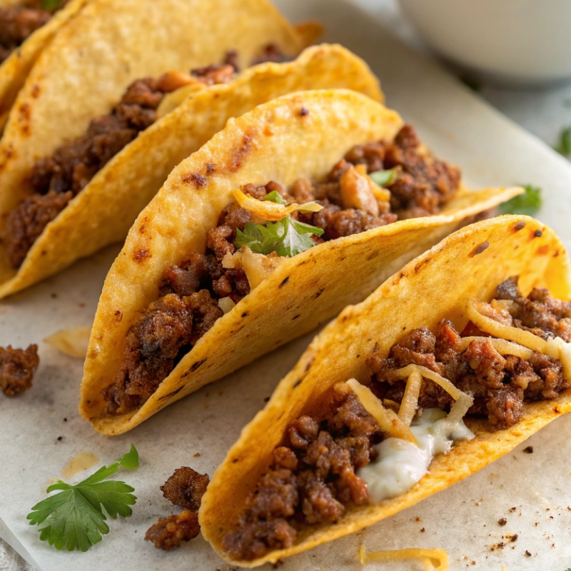Crispy taco shells loaded with ground beef, cheese, and herbs.