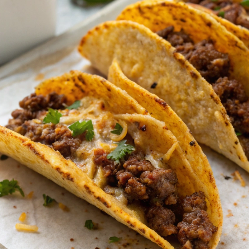 Oven-baked ground beef tacos garnished with cilantro.