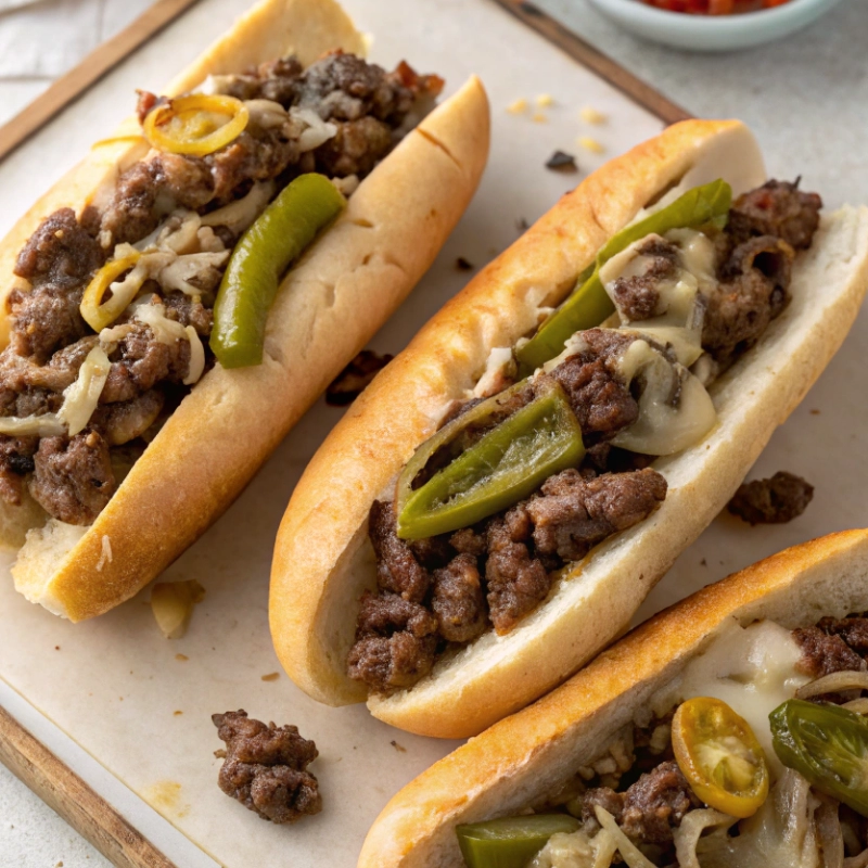 Ground beef Philly cheesesteak sandwiches topped with melted cheese and sliced jalapeños.