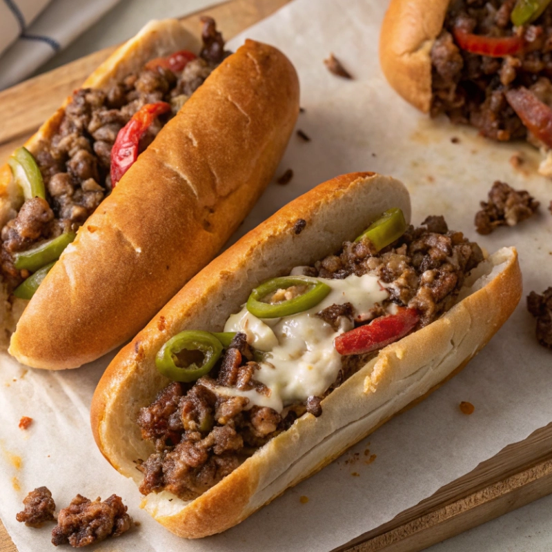 Ground beef Philly cheesesteaks in hoagie rolls with melted cheese, green peppers, and red bell peppers.