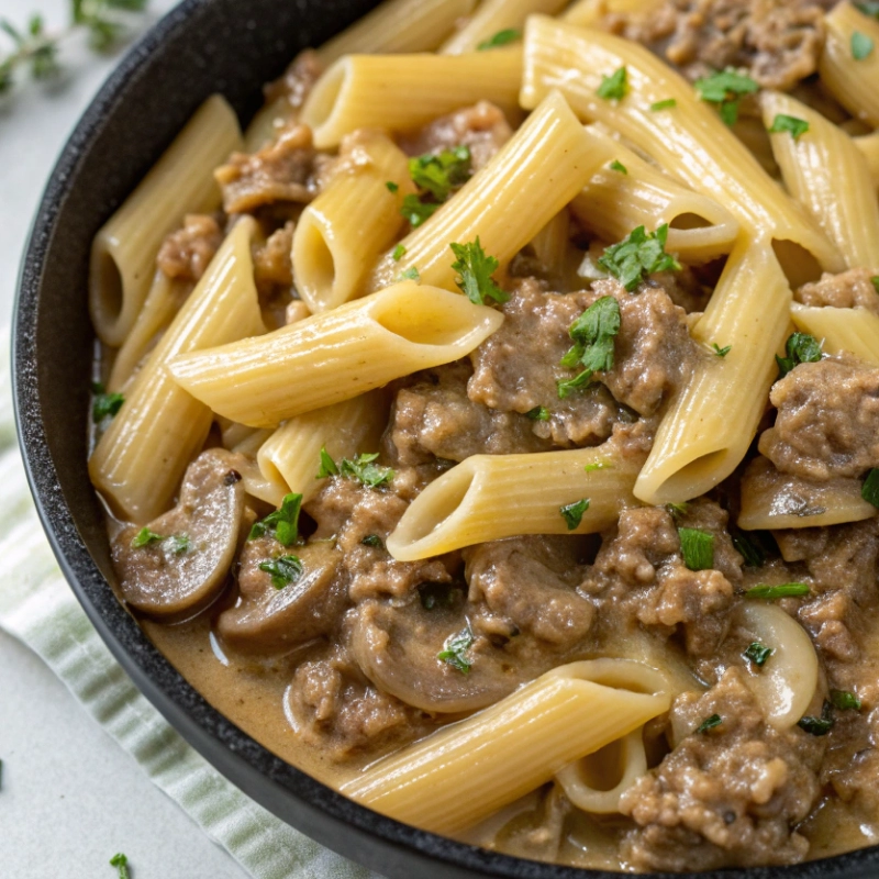 Penne pasta with ground beef and mushrooms in a creamy stroganoff sauce, garnished with parsley.