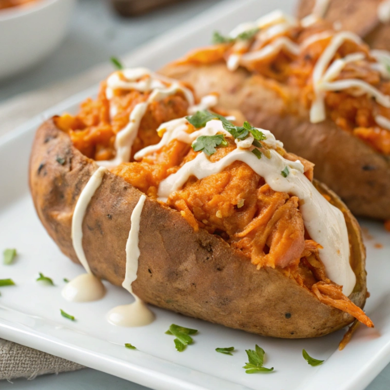 Baked sweet potatoes stuffed with shredded buffalo chicken, drizzled with ranch dressing and topped with chopped green onions or herbs.