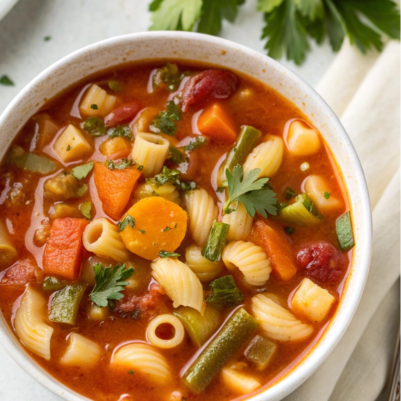This vibrant minestrone soup is brimming with pasta, garden vegetables, and a rich tomato broth. It's a satisfying, healthy meal perfect for cozy lunches or dinners.